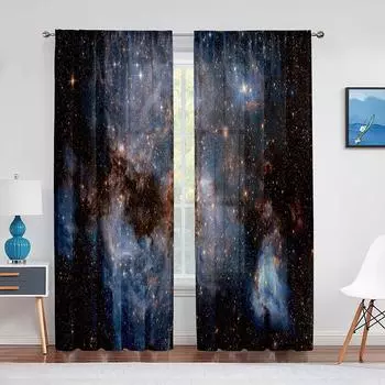 Очаровательная занавеска с принтом галактики и космоса для гостиной, спальни, звезд вселенной, шифон, тонкие украшения для окон, 2 шт. Milled cotton fabric&Grommet Top