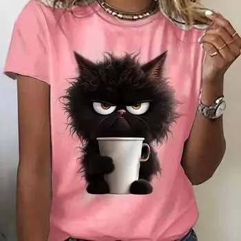 Очаровательная женская футболка с круглым вырезом и принтом кошек, повседневная, с короткими рукавами, идеально подходит для весны и лета, дышащая S