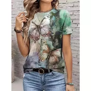 Очаровательная женская футболка с принтом бабочек - легкая и дышащая, с коротким рукавом и круглым вырезом, модная летняя повседневная одежда S