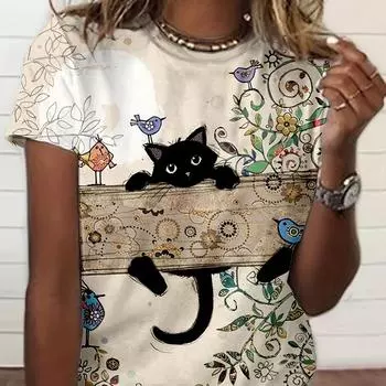 Очаровательная женская футболка с принтом Whimsy Cat 3D, удобная повседневная футболка с коротким рукавом и круглым вырезом, идеальная для весны и лета, женская мода S
