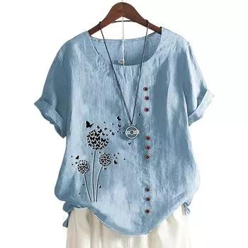 Очаровательная женская повседневная футболка с 11 яркими принтами и пуговицами S озеро синий