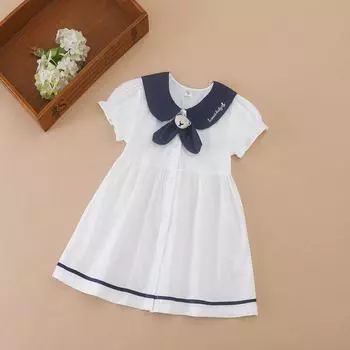 Очаровательное белое платье для девочки с темно-синим воротником и бантом – летний наряд для малышей 90 белый