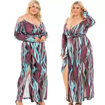 Очаровательное длинное платье с открытыми плечами и разрезом для женщин больших размеров в Европе и США XL