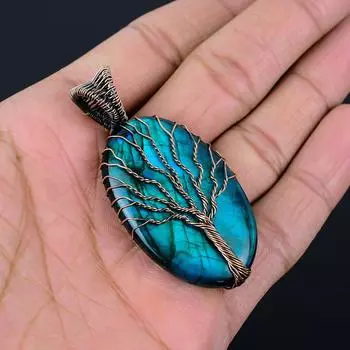 Очаровательное Древо Жизни, неоновый синий мигающий драгоценный камень, обертка из чистой медной проволоки, ювелирный кулон ручной работы 2.56 Inches синий