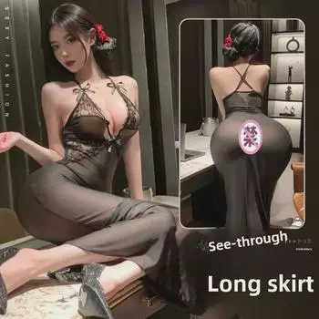 Очаровательное фиолетовое кружевное сетчатое прозрачное нижнее белье с длинной юбкой - сексуальная ночная рубашка с соблазнительным дизайном декольте One Size