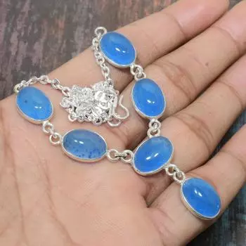 Очаровательное колье ручной работы из стерлингового серебра 925 пробы с драгоценным камнем синего халцедона 18 Inches синий