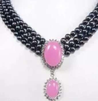 Очаровательное ожерелье из 3 рядов черного жемчуга 7-8 мм с подвеской из розового нефрита