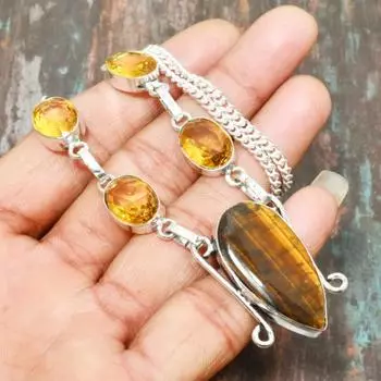 Очаровательное ожерелье из стерлингового серебра 925 пробы ручной работы с драгоценным камнем «Тигровый глаз» 19 Inches жёлтый
