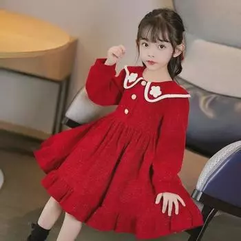 Очаровательное платье принцессы из красного бархата для девочек: Осень/Зима 2023 Юбка А-силуэта с оборками 120 cm красный