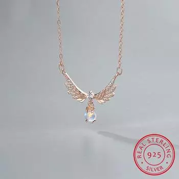 Очаровательное свадебное ожерелье с крыльями ангела, роскошное женское ожерелье с подвеской из кристалла лунного камня, ожерелье-цепочка из стерлингового серебра 925 пробы для женщин розового золота