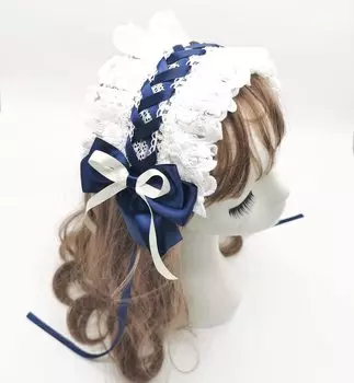Очаровательное украшение для волос в стиле Лолиты с лентой, аксессуар для волос, кружевная оборка, повязка на голову для косплея, кукла Мо, чайная вечеринка, прическа для горничной, лолита, стильная готическая лолита, милая тёмно-синий