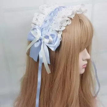 Очаровательное украшение для волос в стиле Лолиты с лентой, аксессуар для волос, кружевная повязка на голову с оборками, косплей, кукла Мо, чайная вечеринка, прическа горничной, лолита, стильная готическая лолита небесно-голубой