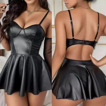 Очаровательное женское мини-платье из черной кожи, идеально подходит для вечерних встреч XXL