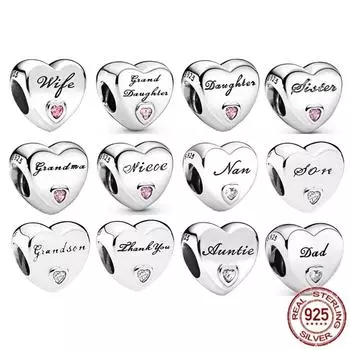 Очаровательные бусины в форме сердца из стерлингового серебра 925 пробы для папы, жены, Нан и благодарности, подходят для милого модного браслета, ювелирные изделия своими руками, женский подарок
