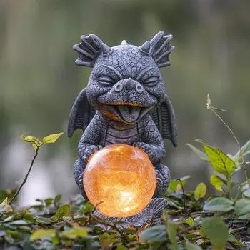 Очаровательные фигурки драконов из смолы с солнечным светом, водонепроницаемая садовая скульптура, милая статуэтка дракона для патио, двора, газона, крыльца серый