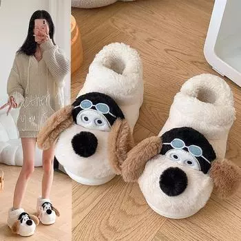 Очаровательные хлопковые тапочки с изображением собаки-мотоциклиста для женщин и мужчин - уютная осенне-зимняя домашняя обувь на каблуках и толстой подошве 36-37 покинуть белый