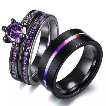 Очаровательные Кольца Для Пар Романтические Фиолетовые Стразы Женские Кольца Набор Модные Мужские Радужные Кольца Из Нержавеющей Стали Модные Ювелирные Изделия Подарки 7