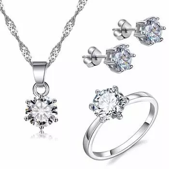Очаровательные модные свадебные комплекты ювелирных изделий, роскошное свадебное ожерелье, серьги-гвоздики, комплект колец, подарки 6 серебряный