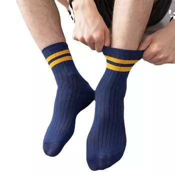 Очаровательные мужские носки с параллельными брусьями, 1 пара, спортивные, коммерческие, мужские хлопковые носки, средние носки-трубочки, модные полосатые для мальчиков жёлтый