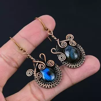 Очаровательные серьги ручной работы из чистой медной проволоки с драгоценным камнем лабрадорит, ювелирные изделия 2.17 Inches синий
