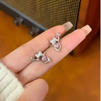 Очаровательные серьги в виде котят, притягивающие взгляды: Милый розовый дизайн сердца для девочек и женщин Star Cat Earrings