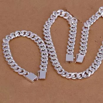 Очаровательные серебряные браслеты s925, ожерелье, комплект ювелирных изделий для мужчин, классическая квадратная цепочка 10 мм, 20/22/24 дюйма, модный подарок для вечеринки 20cm серебряный