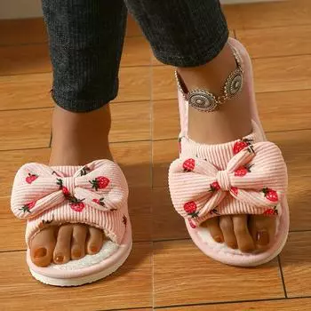 Очаровательные тапочки с бантом в виде клубники, удобные и легкие туфли на плоской подошве, теплые и удобные домашние тапочки для зимы 36-37 белый