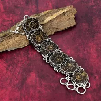 Очаровательные ювелирные изделия из ископаемого драгоценного камня аммонита, ювелирные изделия из стерлингового серебра 925 пробы, браслет ручной работы Изящные ископаемые украшения для нее 8 Inches With Adjustable коричневый