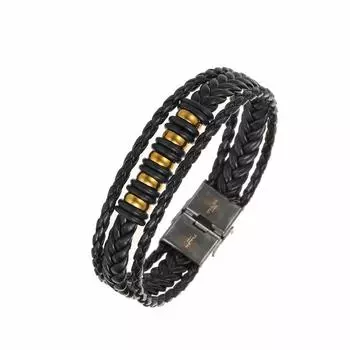 Очаровательные ювелирные изделия из нержавеющей стали, кожаный браслет с бусинами для мужчин золотой