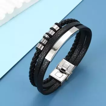 Очаровательные ювелирные изделия из нержавеющей стали, кожаный гладкий браслет для мужчин серебряный