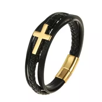 Очаровательные ювелирные изделия, кожаный браслет ручной работы с крестом для мужчин золотой