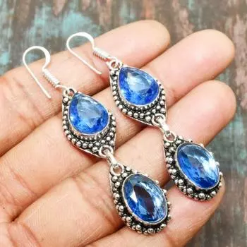 Очаровательные ювелирные серьги ручной работы из стерлингового серебра 925 пробы с драгоценным камнем швейцарского синего топаза 2.56 Inches синий