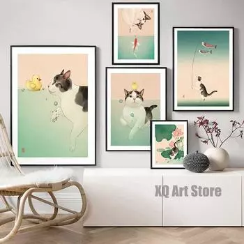 Очаровательные забавные животные, художественная кошка, играющая с рыбой в воде, постер, картина на холсте, печать, настенная художественная картина для дома 21x30cm No Framed