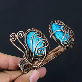 Очаровательный бирюзовый драгоценный камень из чистой медной проволоки, завернутый в манжету/браслет ручной работы, регулируемые ювелирные изделия Adjustable синий