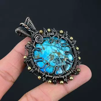 Очаровательный бирюзовый драгоценный камень ручной работы из медной проволоки, ювелирный кулон для женщин 2.64 Inches синий