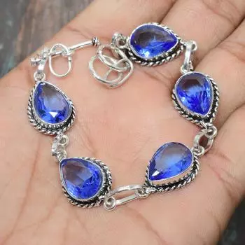 Очаровательный браслет из стерлингового серебра 925 пробы ручной работы с танзанитом и кварцем 7-8 Inches синий