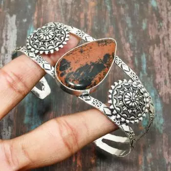 Очаровательный драгоценный камень обсидиан из красного дерева, стерлинговое серебро 925 пробы, регулируемый ювелирный браслет ручной работы Adjustable красный