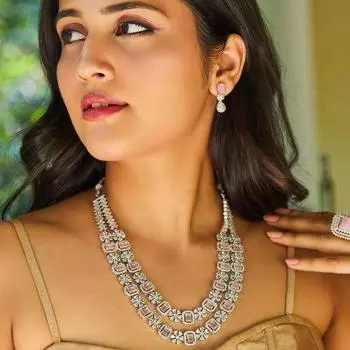 Очаровательный двухслойный комплект ожерелья Estele с родиевым покрытием CZ и мятно-розовыми и белыми кристаллами для женщин