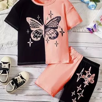 Очаровательный комплект из двух предметов для девочек — футболка и шорты с рисунком бабочки — контрастные цвета, мягкий комфорт, модный летний стиль 100