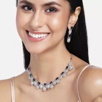 Очаровательный комплект колье Estele с родиевым покрытием CZ и синими кристаллами для женщин