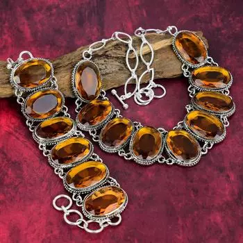 Очаровательный комплект ювелирных изделий из стерлингового серебра 925 пробы, ожерелье и браслет, комплект ювелирных изделий для нее, регулируемые ювелирные изделия ручной работы для женщин Adjustable With 8 -18 оранжевый