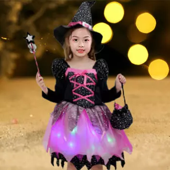Очаровательный костюм ведьмы на Хэллоуин для девочек - Волшебное платье для косплея и маскарада With Light 150cm
