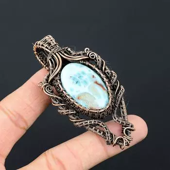 Очаровательный кулон из медной проволоки ручной работы с драгоценным камнем Ларимар в форме сердца 3.15 Inches синий