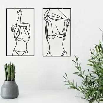 Очаровательный металлический настенный декор из 2 предметов - минималистский для ванной комнаты. Очаровательное линейное искусство для пар и отличный подарок для женщин. чёрный