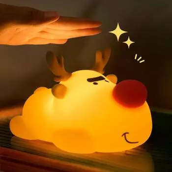 Очаровательный ночник в виде оленя с мягким свечением, функцией таймера с регулировкой яркости, перезаряжаемый через USB, детский ночник с силиконовым сенсорным экраном Reindeer