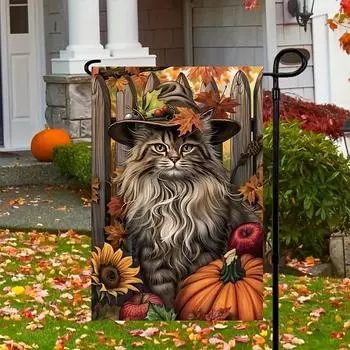 Очаровательный осенний флаг с изображением кошки и подсолнуха - водонепроницаемый полиэстер, дизайн шляпы ведьмы для осеннего сезона сбора урожая, декор для дома на открытом воздухе, шест в комплект не входит