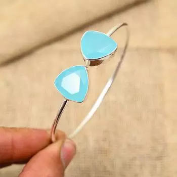 Очаровательный синий драгоценный камень халцедон ручной работы из стерлингового серебра 925 пробы ювелирные манжеты для женщин Adjustable синий