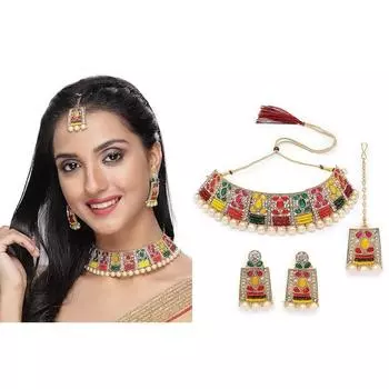 Очаровательный уникальный стильный комплект колье-колье Рани с розовым камнем и жемчугом для женщин