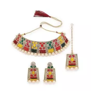 Очаровательный уникальный стильный комплект колье-колье Рани с розовым камнем и жемчугом для женщин