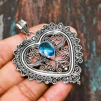 Очаровательный ювелирный кулон ручной работы из швейцарского голубого топаза и драгоценного камня из стерлингового серебра 925 пробы 2.46 Inches синий
